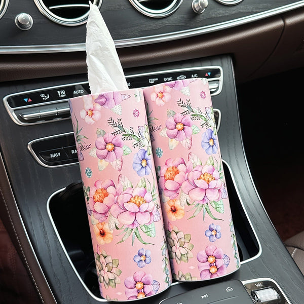 Planet Gates Pink Flowers 1pc Flowers Car Tissues Box Holder With Facial Tissues - Travel Tissue Cylinder Tube For Car Cup Holder, Round Tissue Case For Home Dining Table