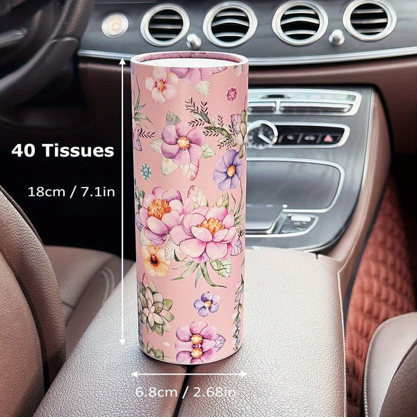 Planet Gates Pink Flowers 1pc Flowers Car Tissues Box Holder With Facial Tissues - Travel Tissue Cylinder Tube For Car Cup Holder, Round Tissue Case For Home Dining Table