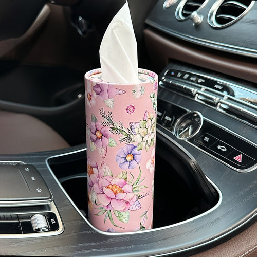 Planet Gates Pink Flowers 1pc Flowers Car Tissues Box Holder With Facial Tissues - Travel Tissue Cylinder Tube For Car Cup Holder, Round Tissue Case For Home Dining Table