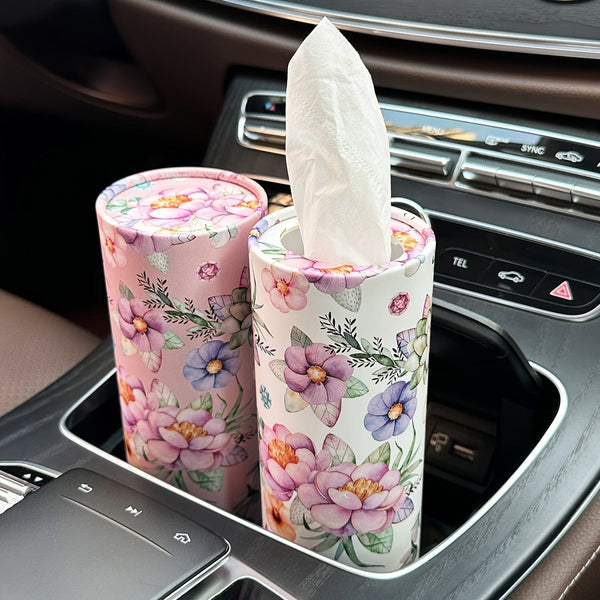 Planet Gates Pink Flowers 1pc Flowers Car Tissues Box Holder With Facial Tissues - Travel Tissue Cylinder Tube For Car Cup Holder, Round Tissue Case For Home Dining Table
