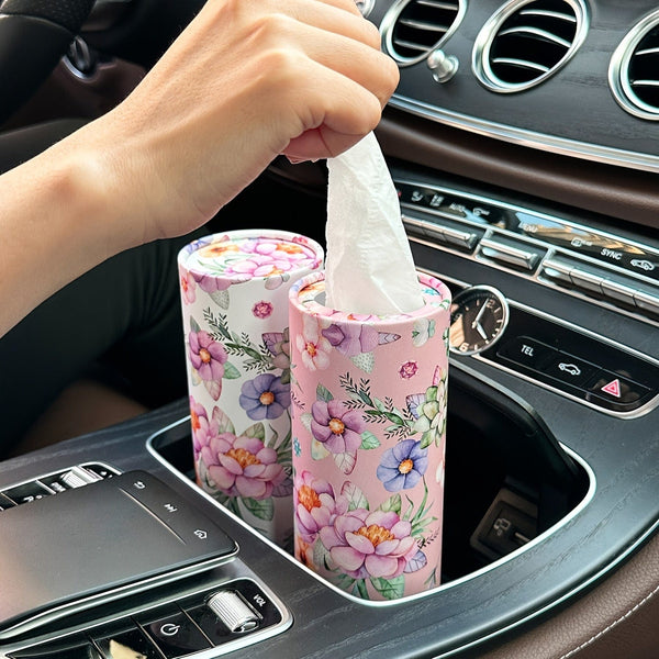 Planet Gates Pink Flowers 1pc Flowers Car Tissues Box Holder With Facial Tissues - Travel Tissue Cylinder Tube For Car Cup Holder, Round Tissue Case For Home Dining Table