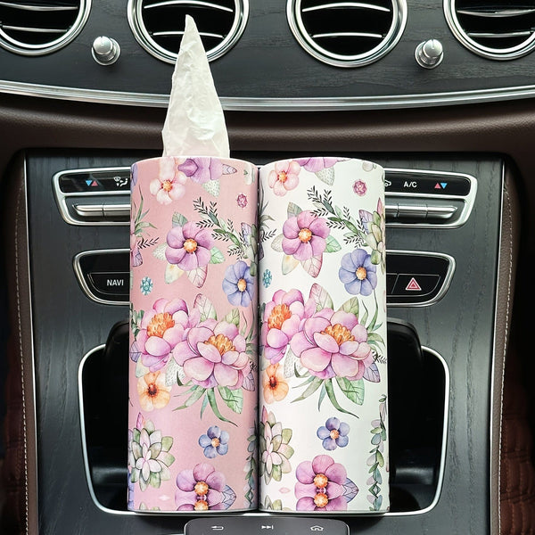 Planet Gates Pink Flowers 1pc Flowers Car Tissues Box Holder With Facial Tissues - Travel Tissue Cylinder Tube For Car Cup Holder, Round Tissue Case For Home Dining Table