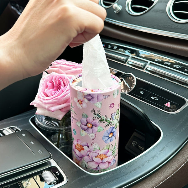 Planet Gates Pink Flowers 1pc Flowers Car Tissues Box Holder With Facial Tissues - Travel Tissue Cylinder Tube For Car Cup Holder, Round Tissue Case For Home Dining Table