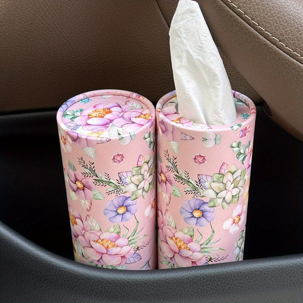 Planet Gates Pink Flowers 1pc Flowers Car Tissues Box Holder With Facial Tissues - Travel Tissue Cylinder Tube For Car Cup Holder, Round Tissue Case For Home Dining Table
