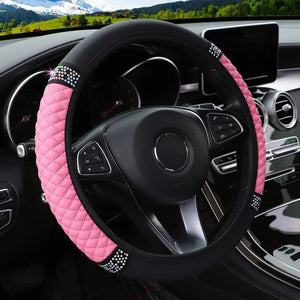 Planet Gates Pink Four Seasons Universal Car Steering Wheel Cover 37-38cm Leather Embroidered Color Diamond-Studded Elastic Steering Wheel Cover