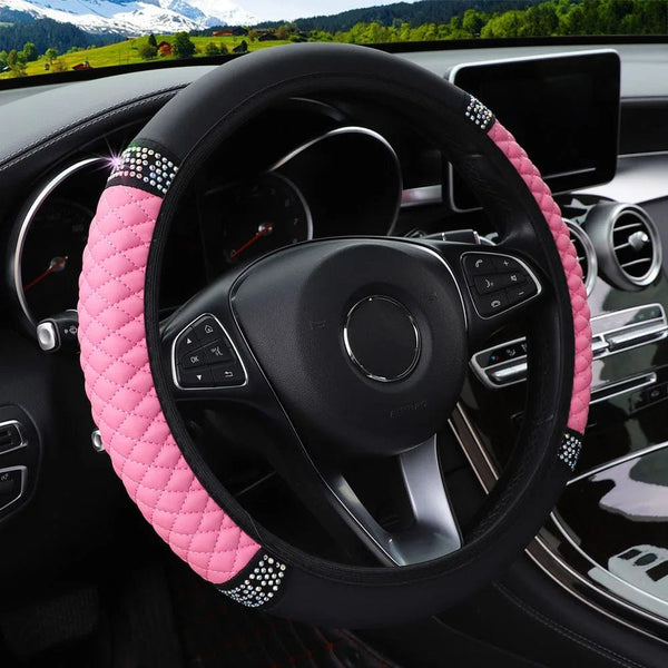 Planet Gates Pink Four Seasons Universal Car Steering Wheel Cover 37-38cm Leather Embroidered Color Diamond-Studded Elastic Steering Wheel Cover