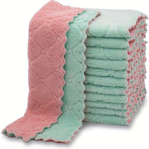 Planet Gates Pink Green Microfiber Dish Cloths 10pcs Set Soft Absorbent Double-sided Coral Velvet Dish Towels with Strong Stain Removal Scouring Pads Machine Washable Reusable for Kitchen Bathroom Car Window