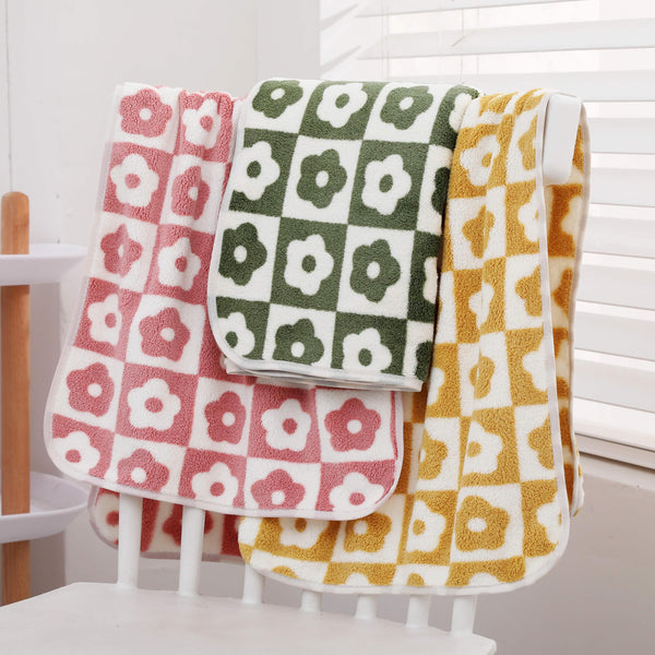 Planet Gates Pink+green+yellow 3pcs Plum Blossom and Soft Coral Fleece Household Towels - Soft and Absorbent Face, Wash, and Hand Towels - 34.8x74.93cm, Bathroom Accessory