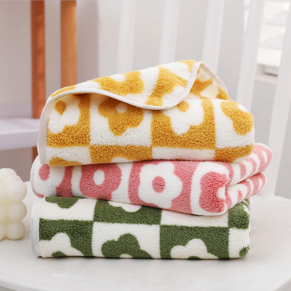 Planet Gates Pink+green+yellow 3pcs Plum Blossom and Soft Coral Fleece Household Towels - Soft and Absorbent Face, Wash, and Hand Towels - 34.8x74.93cm, Bathroom Accessory