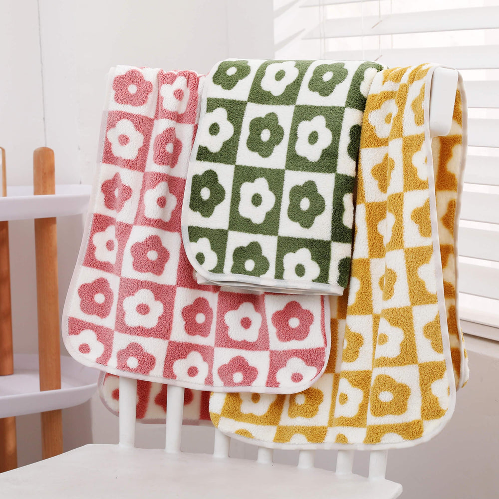 Planet Gates Pink+green+yellow 3pcs Plum Blossom and Soft Coral Fleece Household Towels - Soft and Absorbent Face, Wash, and Hand Towels - 34.8x74.93cm, Bathroom Accessory