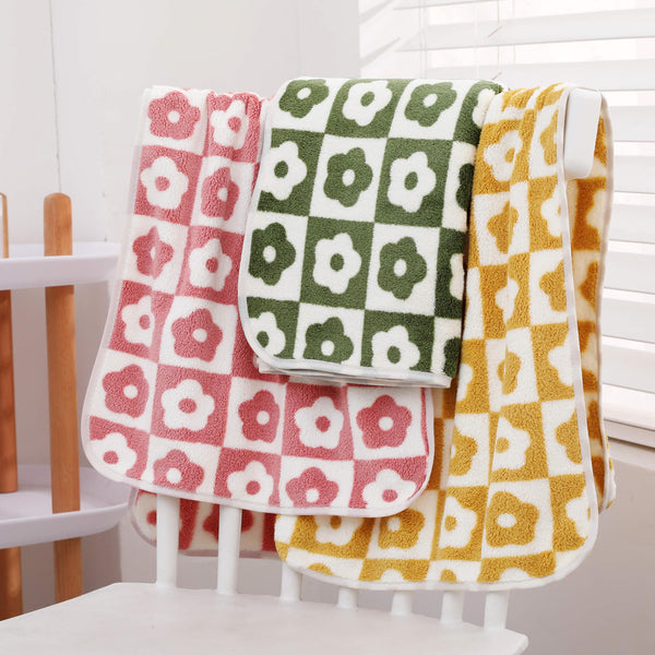 Planet Gates Pink+green+yellow 3pcs Plum Blossom and Soft Coral Fleece Household Towels - Soft and Absorbent Face, Wash, and Hand Towels - 34.8x74.93cm, Bathroom Accessory