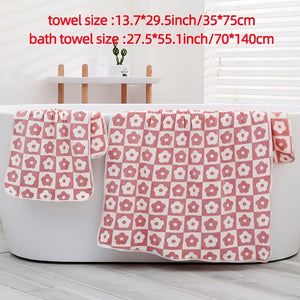 Planet Gates Pink+green+yellow 3pcs Plum Blossom and Soft Coral Fleece Household Towels - Soft and Absorbent Face, Wash, and Hand Towels - 34.8x74.93cm, Bathroom Accessory