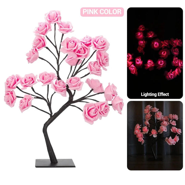 Planet Gates pink LED Rose Tree Desk Lamp USB Powered Artificial Flower Night Light Bedroom Living Room Party Wedding Valentine's Day Decoration