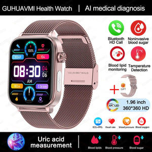 Planet Gates Pink-Mesh-Belt / Health monitoring 2024 New ECG+PPG Uric Acid Non-Invasive Blood Glucose Smartwatch Men Bluetooth Call Heart Rate Blood Pressure Smart Watch Women