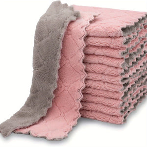 Planet Gates Pink Microfiber Dish Cloths 10pcs Set Soft Absorbent Double-sided Coral Velvet Dish Towels with Strong Stain Removal Scouring Pads Machine Washable Reusable for Kitchen Bathroom Car Window
