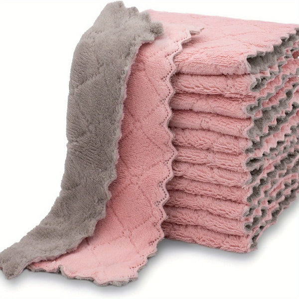 Planet Gates Pink Microfiber Dish Cloths 10pcs Set Soft Absorbent Double-sided Coral Velvet Dish Towels with Strong Stain Removal Scouring Pads Machine Washable Reusable for Kitchen Bathroom Car Window