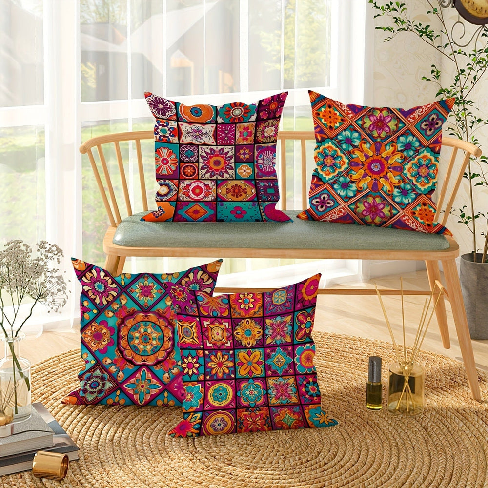 Planet Gates Pink Orange 4pcs, Mandala Flower Plaid Patchwork Pink Orange Polyester Throw Pillow Covers, Bohemian Abstract Vintage Pillow Covers, Decorative Cushion Covers 45×45Cm/18 "X18", For Living Room Bedroom Sofa Bed Decoration