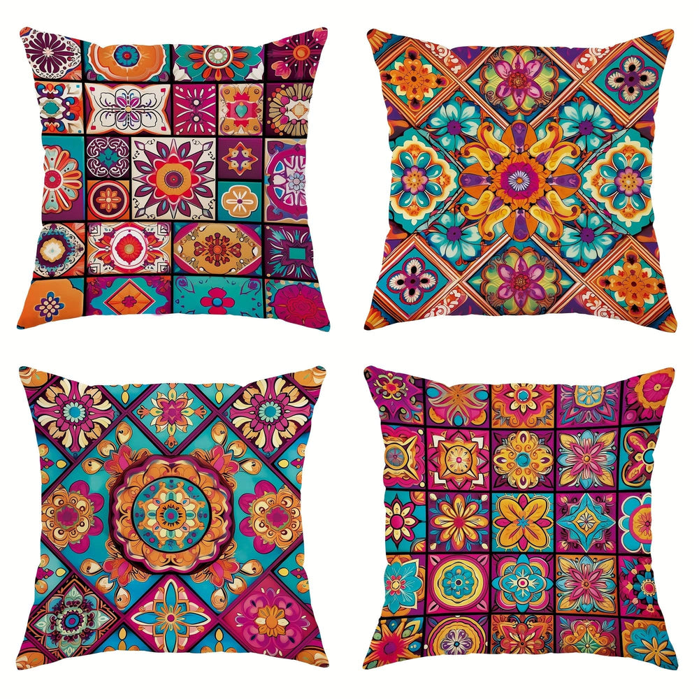 Planet Gates Pink Orange 4pcs, Mandala Flower Plaid Patchwork Pink Orange Polyester Throw Pillow Covers, Bohemian Abstract Vintage Pillow Covers, Decorative Cushion Covers 45×45Cm/18 "X18", For Living Room Bedroom Sofa Bed Decoration