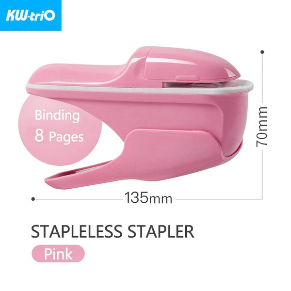 Planet Gates Pink Stapler KW-triO Stapleless Stapler Safe Paper Stapling Portable Plastic Stapler Without Staples Bind 8 Sheets of Paper Office Supplies