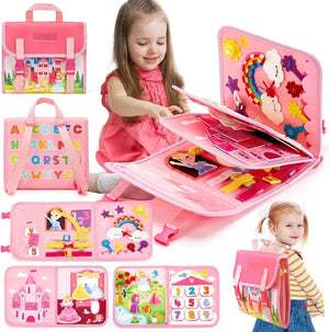 Planet Gates Pink Toddler Busy Board Montessori Toys Learning Educational Activities Travel Toy Dinosaur Dress up  Sensory Life Skill Backpack