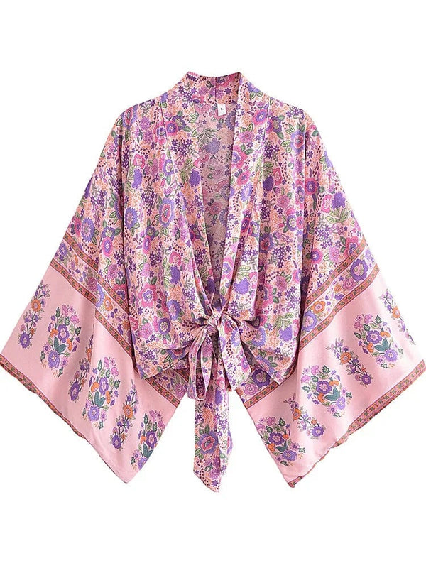 Planet Gates pink / XL Boho Vintage Floral Print Beach Summer Short Kimono Women Fashion Ladies Casual V Neck Batwing Sleeves Bohemian Cover-ups