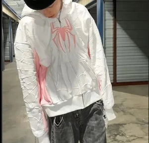 Planet Gates Pink / XL Men Spider Print Hoodies Women Hip Hop Zipper Long Sleeve Jacket Coats Y2k Autumn Winter Harajuku Casual Loose Hooded Sweatshirt