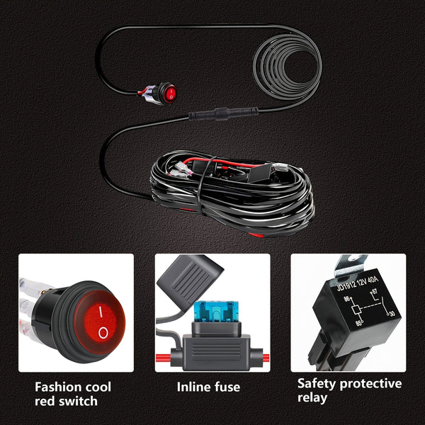 Planet Gates Plastic LED Light Bar Wiring Harness Kit - 2 Leads 12V On Off Switch Power Relay Blade Fuse For Off Road Lights LED Work Light