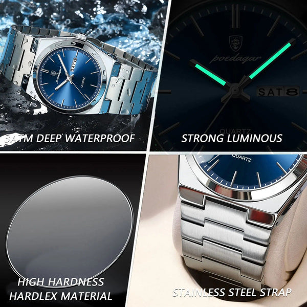 Planet Gates POEDAGAR Luxury Watch For Man Waterproof Luminous Date Week Stainless Steel Men Watch Casual Quartz Men's Watches Male Clock+box