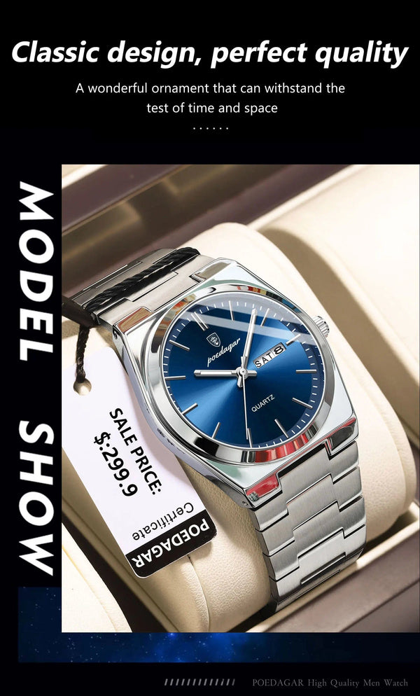 Planet Gates POEDAGAR Luxury Watch For Man Waterproof Luminous Date Week Stainless Steel Men Watch Casual Quartz Men's Watches Male Clock+box