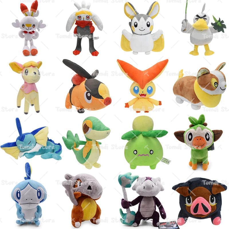 Planet Gates Pokemon Plush Tepig Victini Snivy Emolga Scorbunny Yamper Raboot Alolan Marowak Sleeping Vaporeon Smoliv Lechonk Stuffed Toys