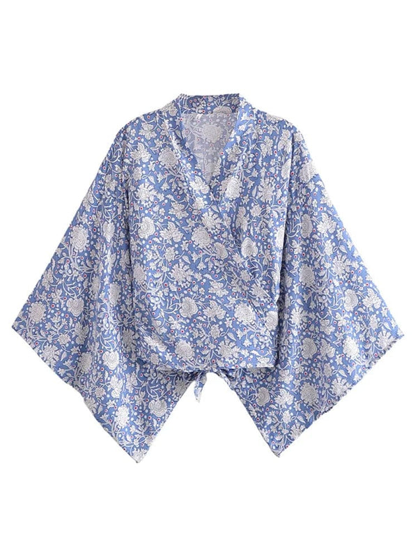 Planet Gates porcelain / L Boho Vintage Floral Print Beach Summer Short Kimono Women Fashion Ladies Casual V Neck Batwing Sleeves Bohemian Cover-ups