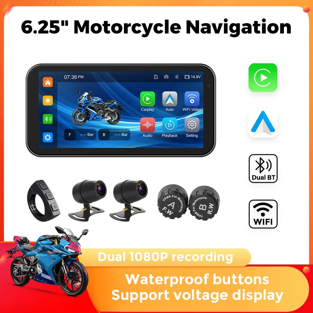 Planet Gates Portable 6.25 inch IP67 Waterproof Motorcycle GPS Navigation Wireless Carplay Android Auto DVR Drive Recorder Moto Monitor WIFI