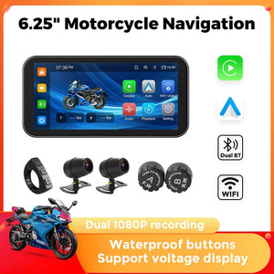 Planet Gates Portable 6.25 inch IP67 Waterproof Motorcycle GPS Navigation Wireless Carplay Android Auto DVR Drive Recorder Moto Monitor WIFI