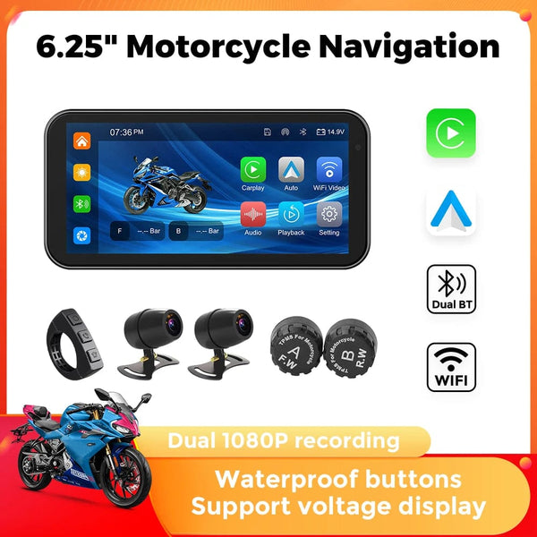 Planet Gates Portable 6.25 inch IP67 Waterproof Motorcycle GPS Navigation Wireless Carplay Android Auto DVR Drive Recorder Moto Monitor WIFI