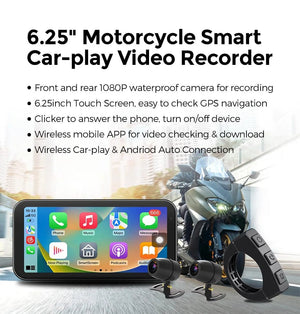 Planet Gates Portable 6.25 inch IP67 Waterproof Motorcycle GPS Navigation Wireless Carplay Android Auto DVR Drive Recorder Moto Monitor WIFI