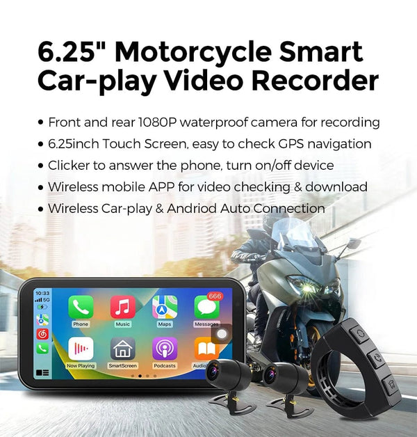 Planet Gates Portable 6.25 inch IP67 Waterproof Motorcycle GPS Navigation Wireless Carplay Android Auto DVR Drive Recorder Moto Monitor WIFI