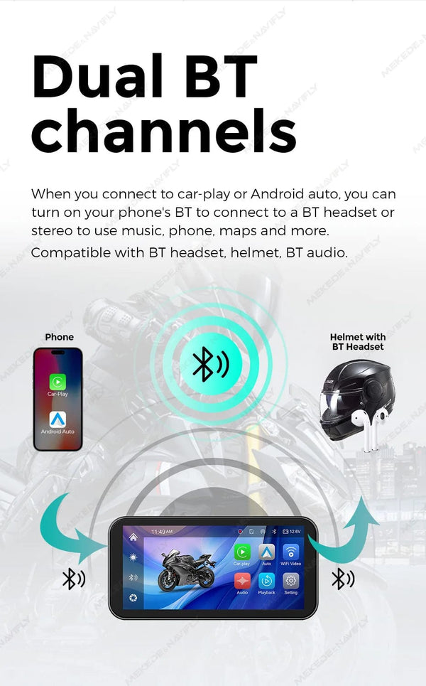 Planet Gates Portable 6.25 inch IP67 Waterproof Motorcycle GPS Navigation Wireless Carplay Android Auto DVR Drive Recorder Moto Monitor WIFI