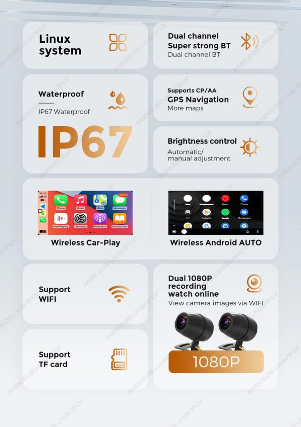 Planet Gates Portable 6.25 inch IP67 Waterproof Motorcycle GPS Navigation Wireless Carplay Android Auto DVR Drive Recorder Moto Monitor WIFI