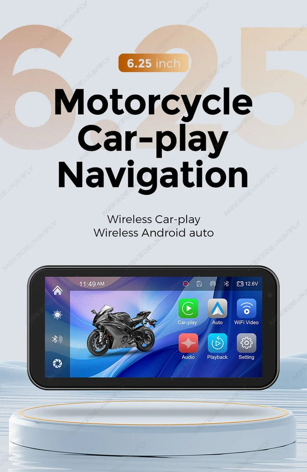 Planet Gates Portable 6.25 inch IP67 Waterproof Motorcycle GPS Navigation Wireless Carplay Android Auto DVR Drive Recorder Moto Monitor WIFI
