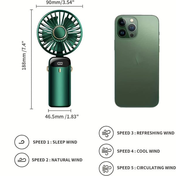 Planet Gates Portable Handheld Mini Fan USB Rechargeable with LED Display 5 Speeds 90° Foldable Battery Operated for Office Bedroom Outdoor Travel Camping Back to School Supplies