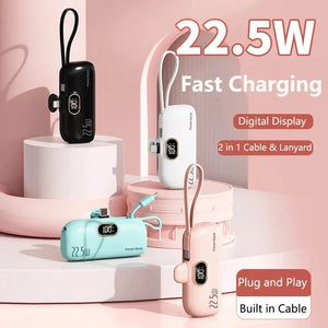 Planet Gates Portable Mini Power Bank Type C Plug Built in Cable 22.5W Fast Charging for iPhone Samsung Xiaomi External Battery