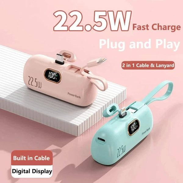 Planet Gates Portable Mini Power Bank Type C Plug Built in Cable 22.5W Fast Charging for iPhone Samsung Xiaomi External Battery