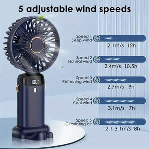 Planet Gates Portable Mini USB Fan LED Digital Display 5 Speeds 21hrs Battery Life Quiet Operation Ideal for Summer Travel and Household Use
