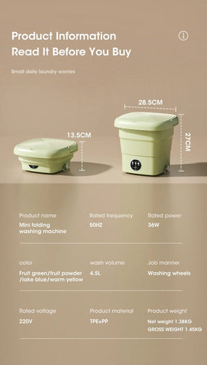 Planet Gates Portable Washing Machine Folding 4.5L Capacity Clothes Spin Dryer Bucket Travel Underwear Socks Ultrasonic Mini Washer