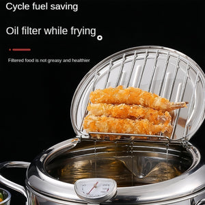 Planet Gates Pot + Lid + Thermometer 1pc Fry Pan, Deep Fryer, Frying Pot, 304 Stainless Steel Deep Fryer Pan With Thermometer, Lid, Oil Drip Drainer Rack For Turkey Legs, Chicken Wings, French Fries