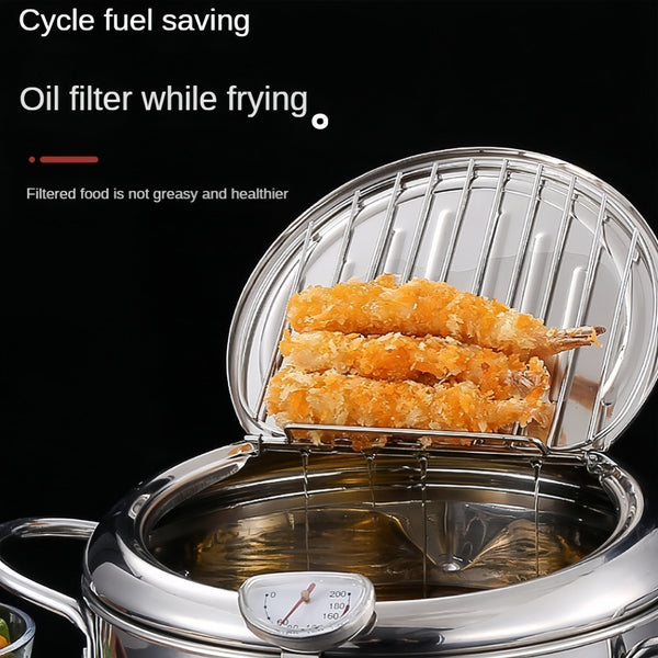 Planet Gates Pot + Lid + Thermometer 1pc Fry Pan, Deep Fryer, Frying Pot, 304 Stainless Steel Deep Fryer Pan With Thermometer, Lid, Oil Drip Drainer Rack For Turkey Legs, Chicken Wings, French Fries