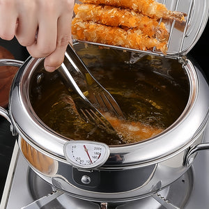 Planet Gates Pot + Lid + Thermometer 1pc Fry Pan, Deep Fryer, Frying Pot, 304 Stainless Steel Deep Fryer Pan With Thermometer, Lid, Oil Drip Drainer Rack For Turkey Legs, Chicken Wings, French Fries