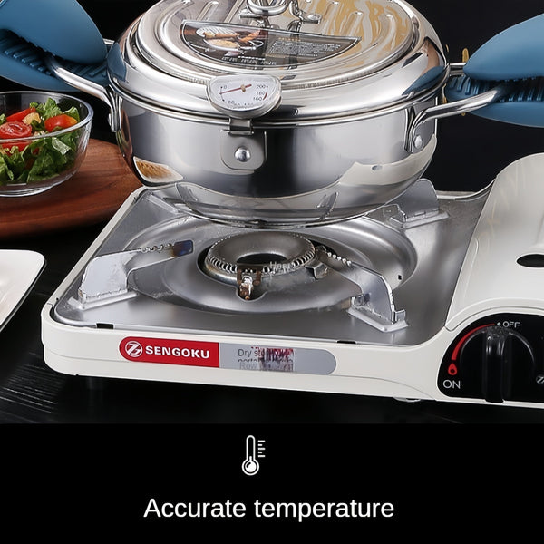 Planet Gates Pot + Lid + Thermometer 1pc Fry Pan, Deep Fryer, Frying Pot, 304 Stainless Steel Deep Fryer Pan With Thermometer, Lid, Oil Drip Drainer Rack For Turkey Legs, Chicken Wings, French Fries