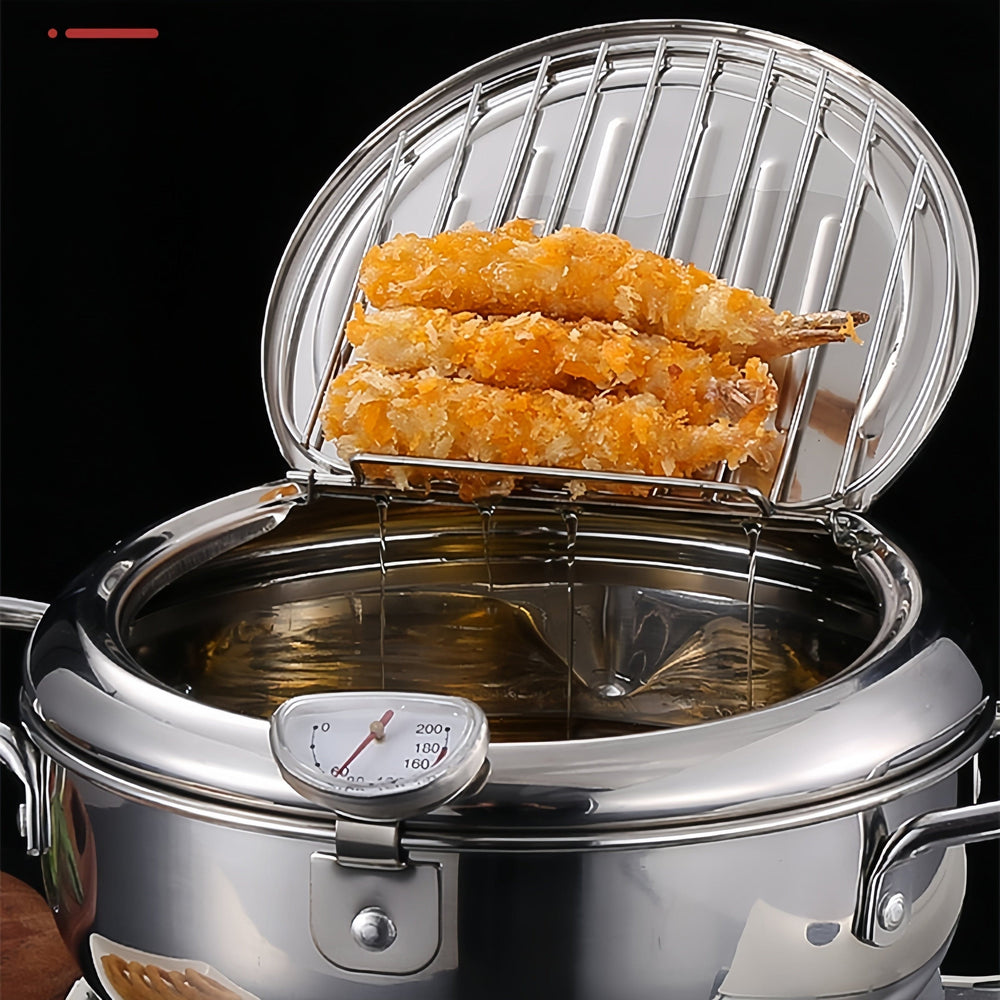 Planet Gates Pot + Lid + Thermometer 1pc Fry Pan, Deep Fryer, Frying Pot, 304 Stainless Steel Deep Fryer Pan With Thermometer, Lid, Oil Drip Drainer Rack For Turkey Legs, Chicken Wings, French Fries
