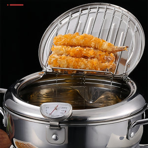 Planet Gates Pot + Lid + Thermometer 1pc Fry Pan, Deep Fryer, Frying Pot, 304 Stainless Steel Deep Fryer Pan With Thermometer, Lid, Oil Drip Drainer Rack For Turkey Legs, Chicken Wings, French Fries